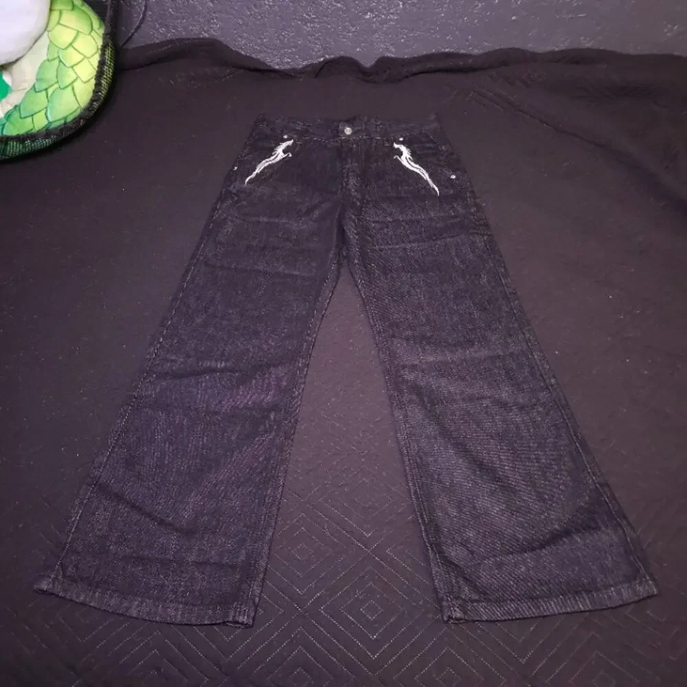Embroidered Flame Raw Denim Jeans Dark Indigo Wide Leg W32 44in